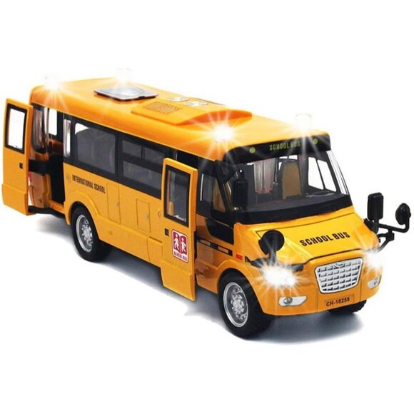 🆕 School Bus Yellow Light Up Sounds Die-cast Metal Toy Vehicles Openable Doors - Picture 1 of 6